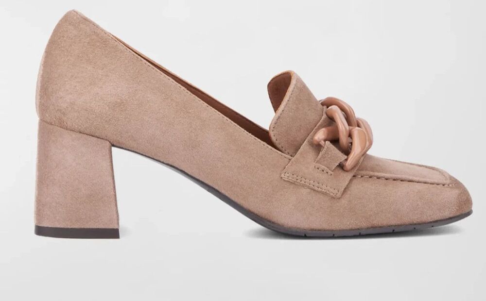 NEW Aquatalia Cathie Weatherproof Taupe Suede Chain Heel Loafers 10.5